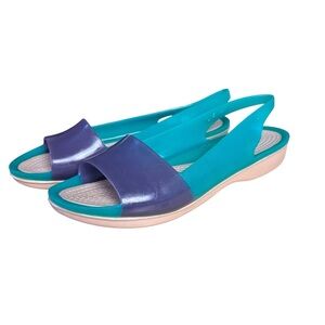 Crocs Colorblock Croslite Foam Slingback Flat Sandals in Teal/Purple Sz W8
